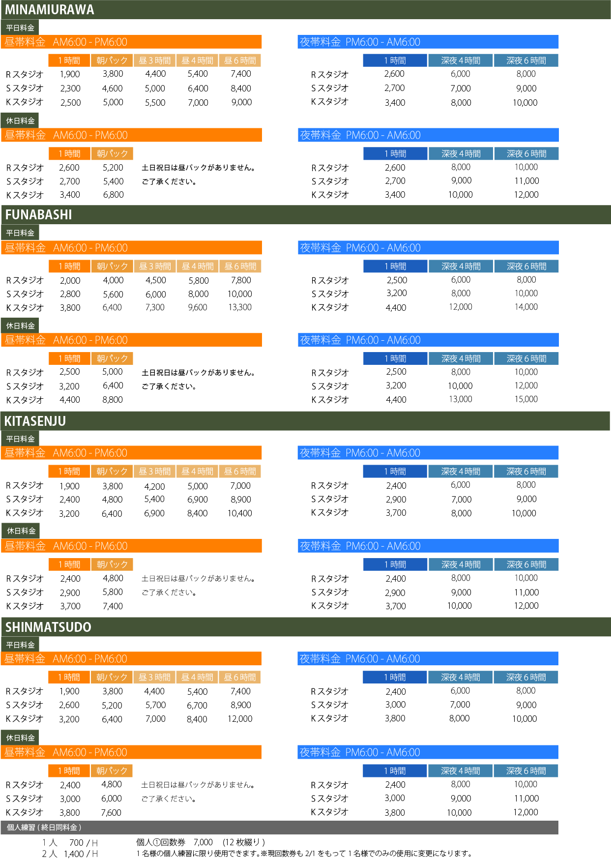 【2022/2/1より】スタジオ利用 料金表