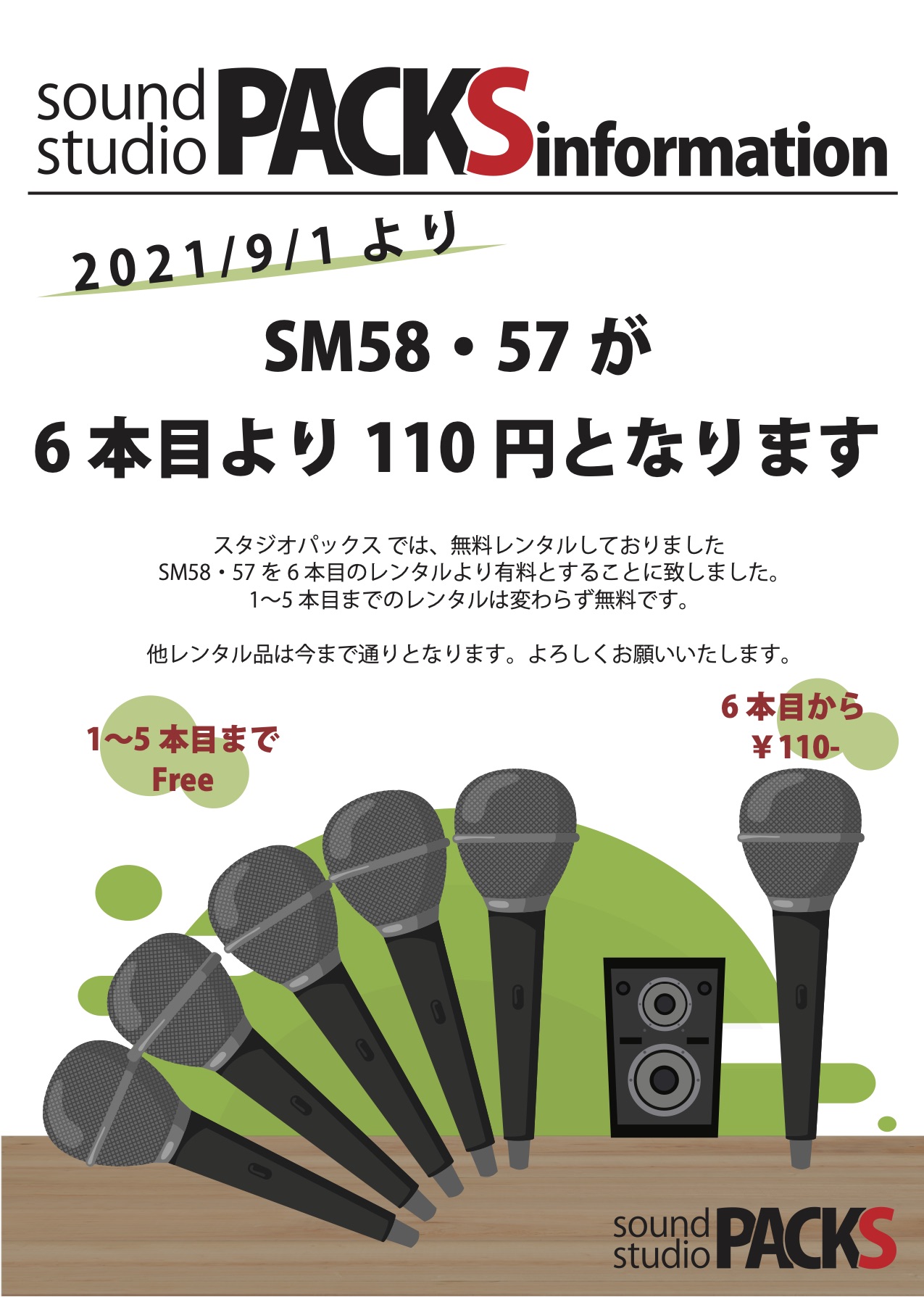 【お知らせ】SM58,57が6本目より有料レンタルへ